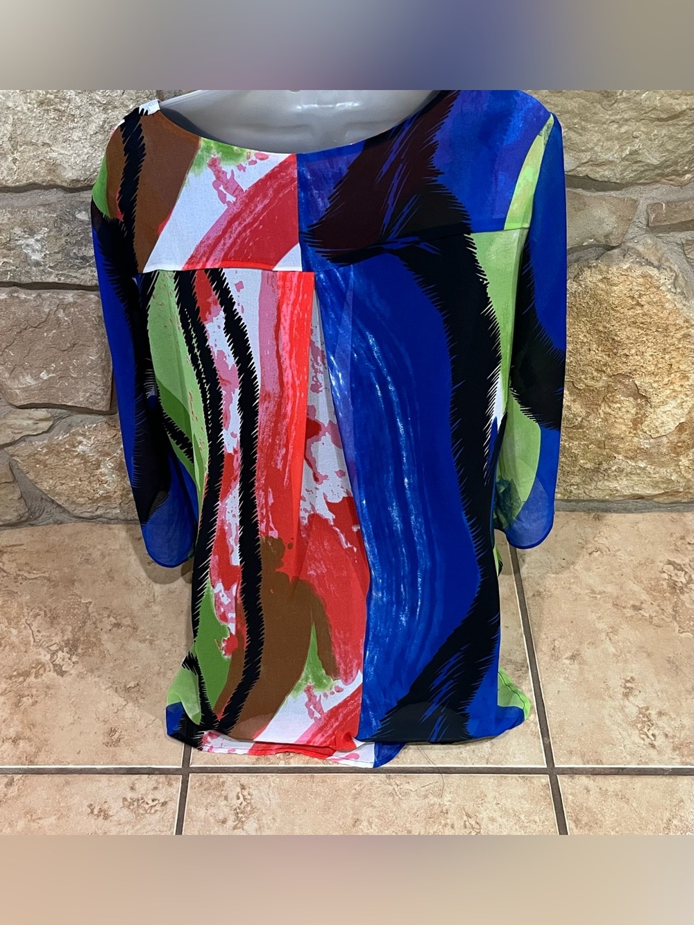 Ali Miles Colorful Artsy Light Flowy Lined Blouse Women Large Semi Sheer Sleeves - Picture 6 of 15